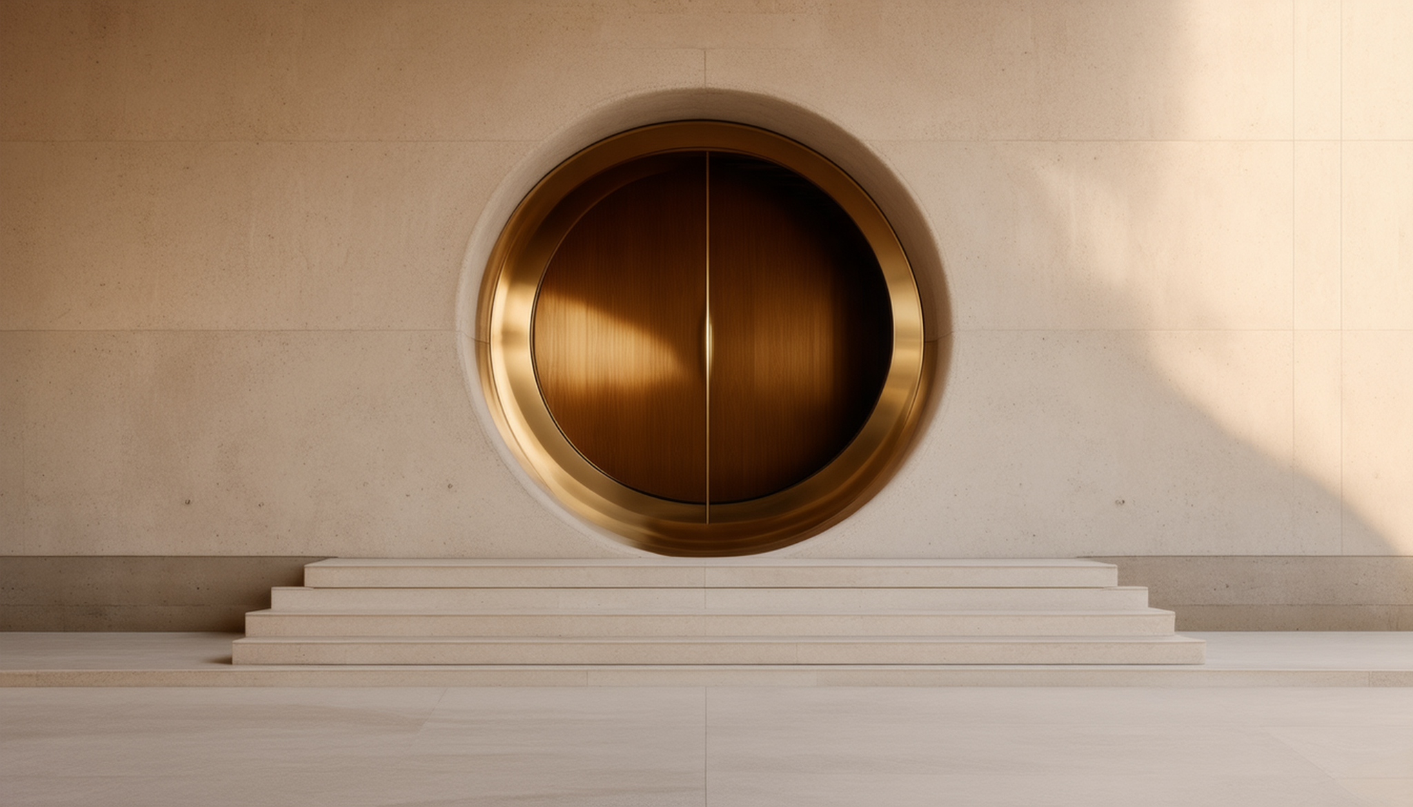 A bronze vault door in board-formed concrete